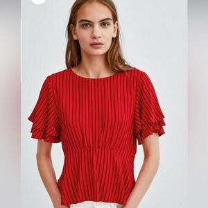 Zara Red and Black Striped Peplum Top with Flutter Sleeves Size Small